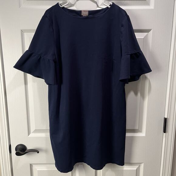 Chicos Shirt Dress Womens 3 Dark Blue Short Ruffle Sleeves Stretch Knee Length - Picture 1 of 8